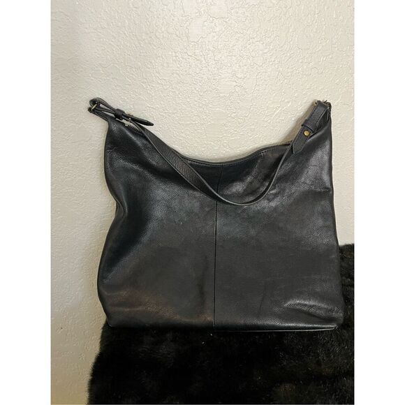 FOSSIL Black Leather Zip Hobo Shoulder Bag Front Double Buckle Flap Pocket - Picture 3 of 5